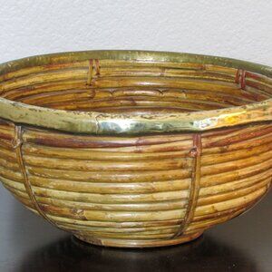 Vintage Gabriella Crespi Style Woven Rattan and Brass Round Basket